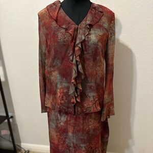 “un jour Ailleurs”2 Piece burgundy/green Floral Formal Dress Set Sz 10. 100%silk